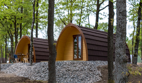 Zwei kleine, archeförmige Holzhütten mit großen Fenstern stehen auf einem kiesbedeckten Gelände zwischen hohen Bäumen in einem Wald.